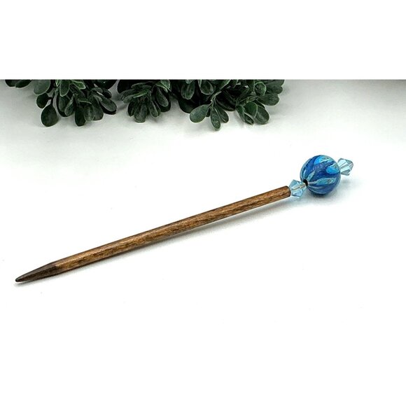 Handcrafted Wooden Hair Stick With Blue Poly Clay Bead & Crystal Accents - Picture 1 of 3